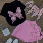 Black Butterfly Top & Pink Skort western wears