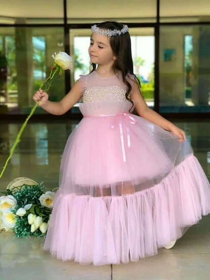 Pink Pearl-Bodice Tulle Ruffle frock