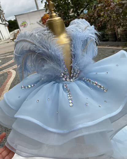 Luxurious Blue Feathered Gemstone Tiered frock