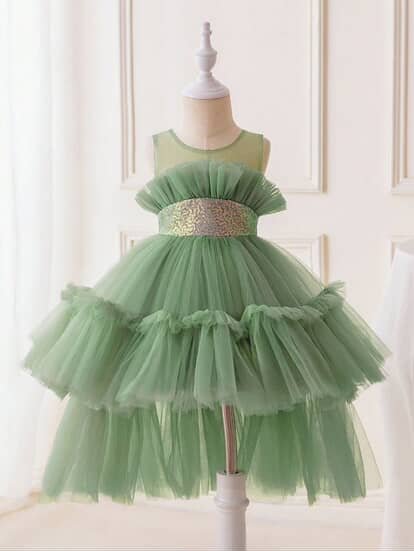 Sage Green Tiered Ruffle Glitter frock
