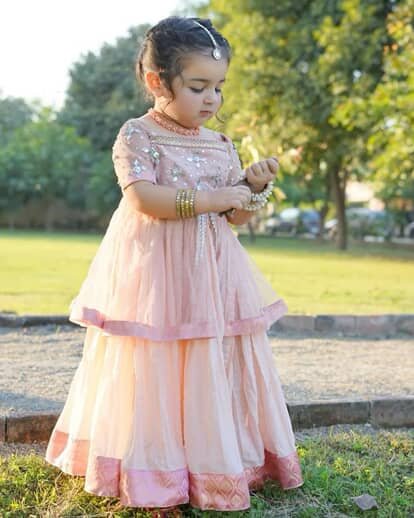 Peach Layered Kids' Lehenga with Embellishments