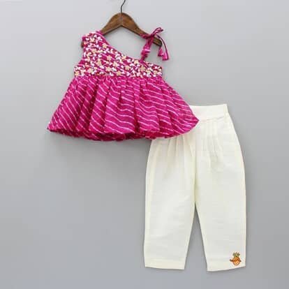 Fuchsia One-Shoulder Top and White Pants indowestern