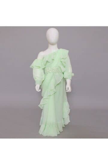 Light Green Ruffled One-Shoulder indowestern